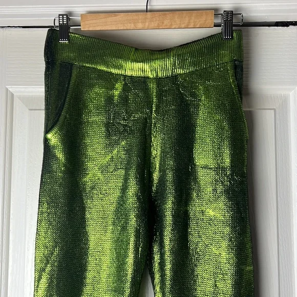 Hanifa Rylee Metallic Green knit Flare Pants - Picture 2 of 7
